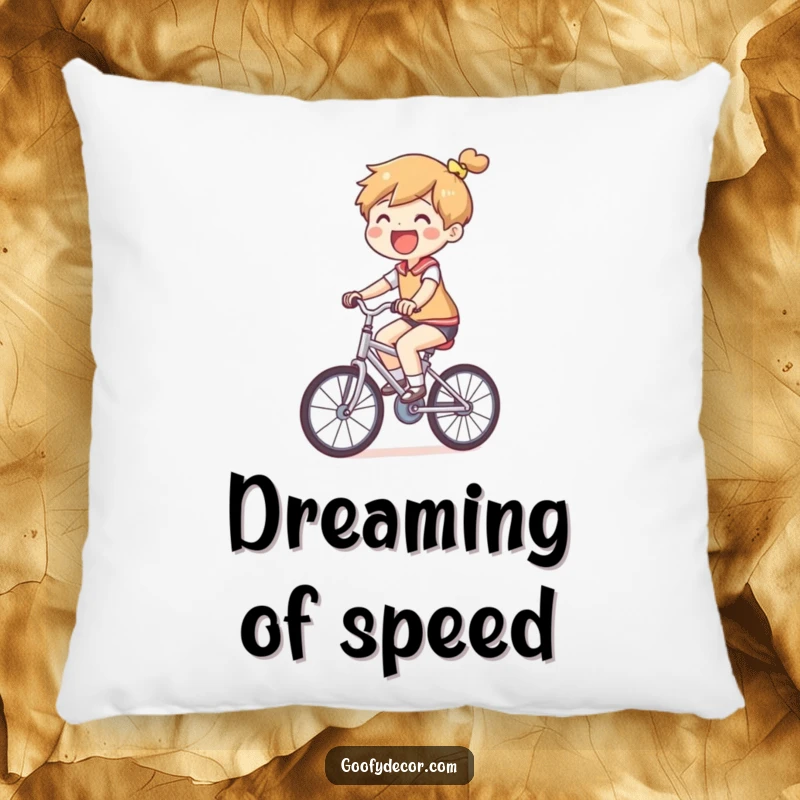 Funny Small Bicycle Pillow featuring a joyful character riding a comically small bicycle, designed for comfort and amusement.