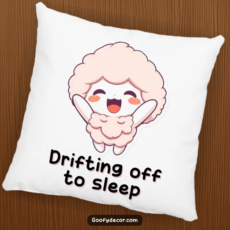 Funny pillow with a fluffy character happily floating upwards, offering comfort and a visual reminder of infectious joy and peaceful lightness.