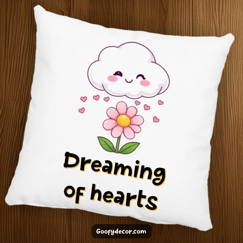 Funny pillow with a smiling cloud character raining small hearts onto a happy flower.