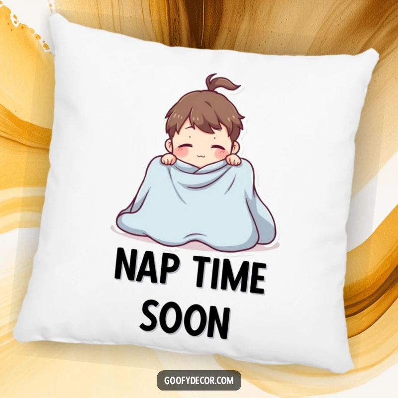 Funny pillow depicting a playful character hilariously attempting to fold a giant blanket, adding cozy humor to home decor.