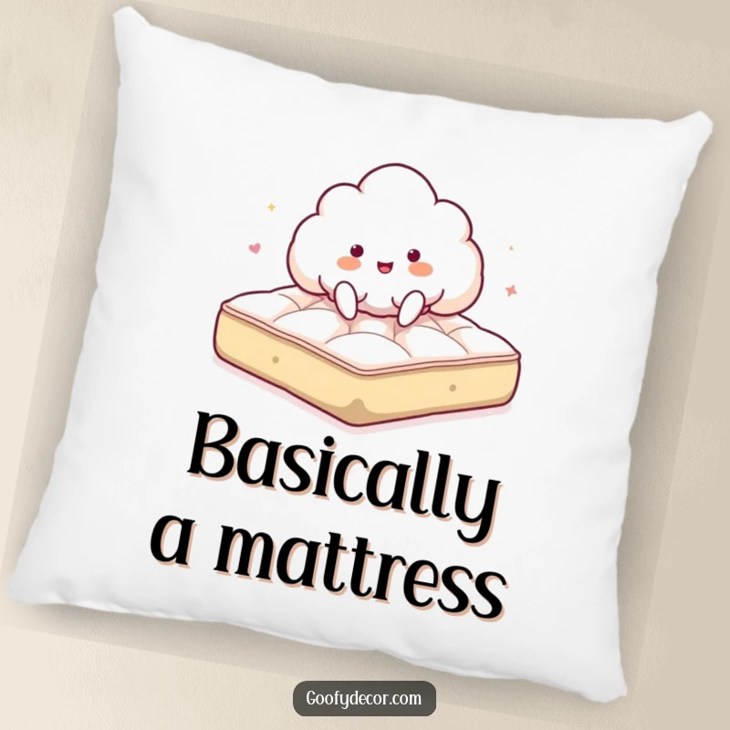 Funny pillow featuring a giddy cloud character happily bouncing on a fluffy mattress, adding comfort and joy to any room.