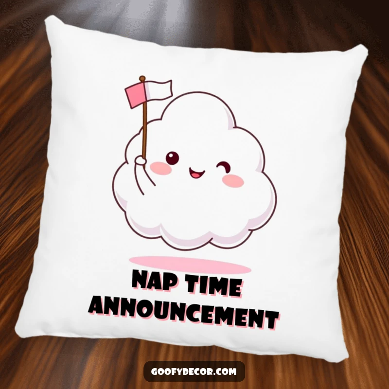 Funny pillow designed with a happy cloud character waving a tiny flag, ideal for cozying up with cheer.
