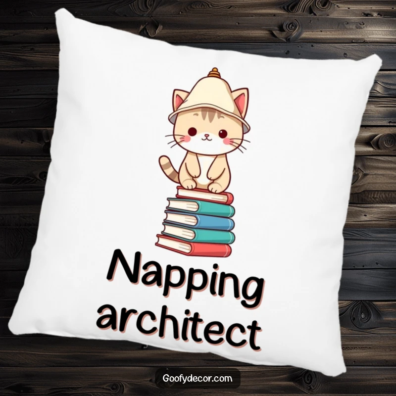 Funny Pillow featuring a Kawaii cat character wearing a lampshade hat, balancing on books, providing cute and humorous decor.