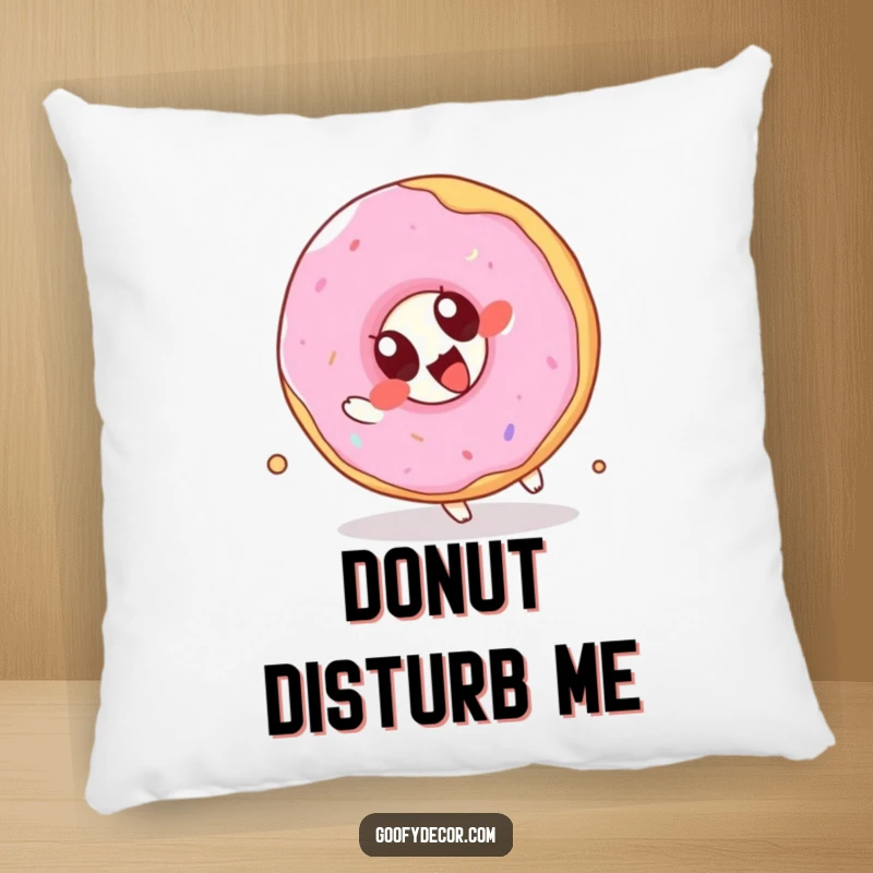 Funny Kawaii Donut Pillow: A soft cushion featuring a cute cartoon donut with oversized eyes joyfully attempting a somersault, perfect for relaxation.