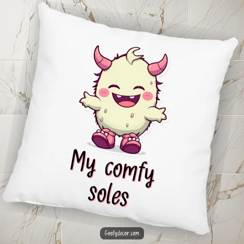 Funny, plush pillow depicting a giggling kawaii monster wearing fun, mismatched shoes, offering comfort and cute charm.