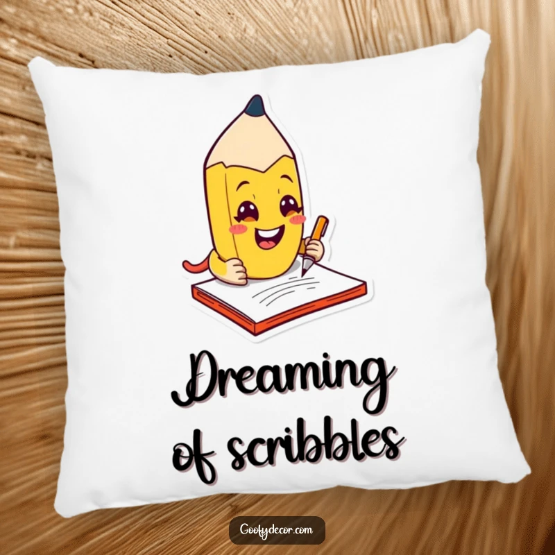 Funny kawaii mischievous pencil character scribbling with a grin, on a soft pillow.