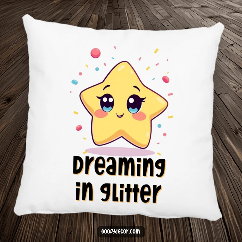 Funny Kawaii Star Pillow featuring a wide-eyed kawaii star character playfully catching falling confetti, designed for comfort and festive charm.