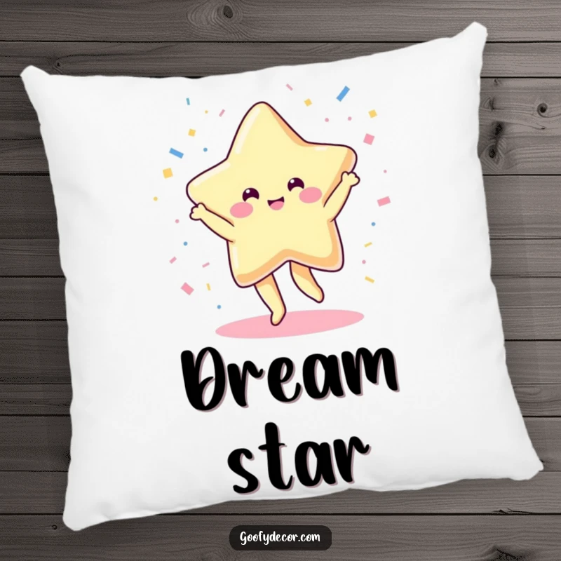 Funny, plush pillow featuring a cheerful kawaii star dancing amidst confetti, offering comfort and festive charm.