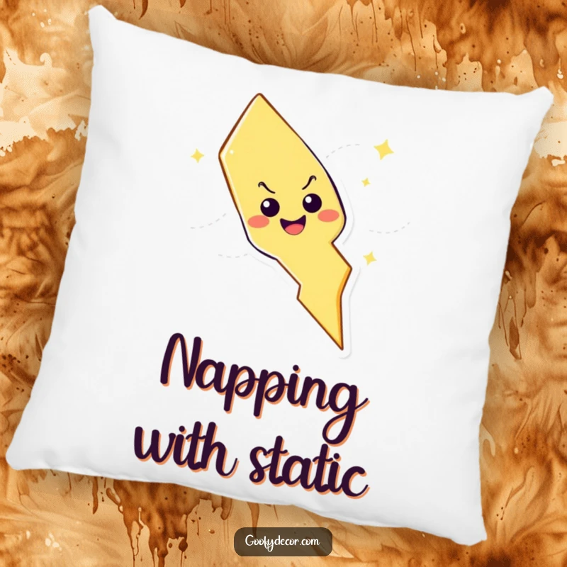 Funny lightning bolt character with mischievous grin on a soft pillow, adding a touch of playful comfort to any seating area.