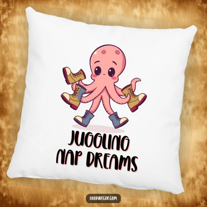 Funny octopus pillow depicting a goofy octopus juggling boots, offering comfort and a touch of playful absurdity.