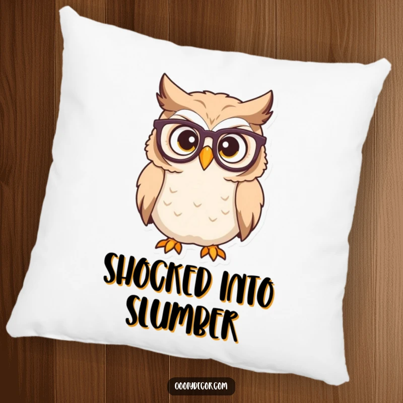 Funny owl pillow with a determined character with glasses looking surprised, perfect for cozy, intellectual decor.