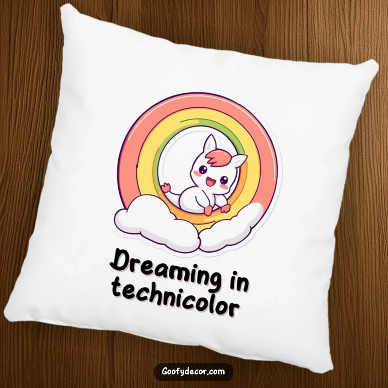 Funny mischievous rainbow character sliding down its own arc, a soft and humorous accent pillow for cozy cheer.