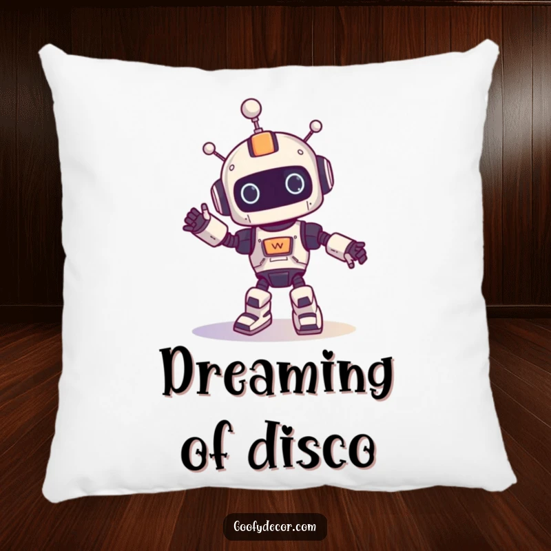 Funny pillow featuring a robot character doing a hilarious spinning dance, perfect for adding comfort and humor to décor.