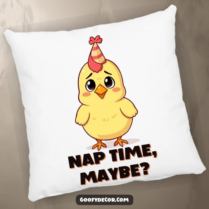 Funny pillow featuring a confused rubber chicken character wearing a small, festive party hat.
