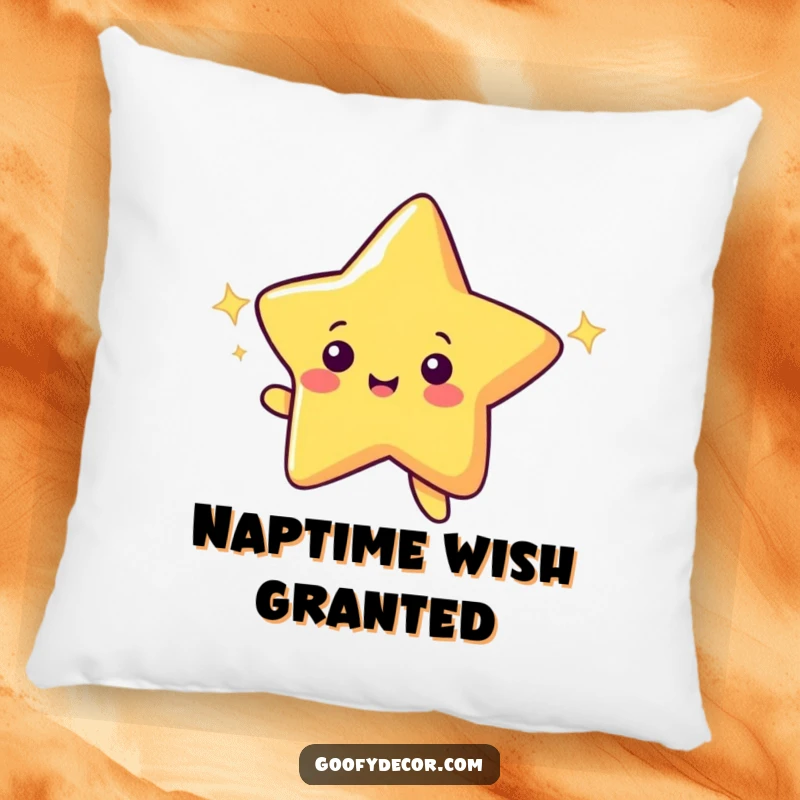Funny pillow showcasing a cheerful shooting star character making a heartfelt wish with a glittering, sparkling trail.