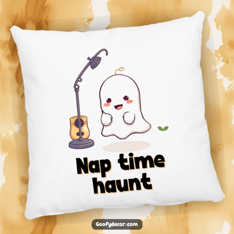 Funny pillow featuring a mischievous little ghost character playfully hiding behind a lamp, for cozy and spooky settings.