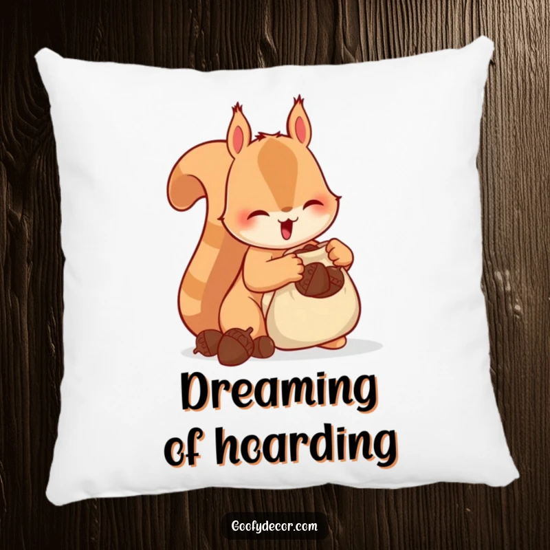 Funny Squirrel Pillow featuring a happy squirrel excitedly stuffing acorns into a bag, providing a humorous and comforting accent.