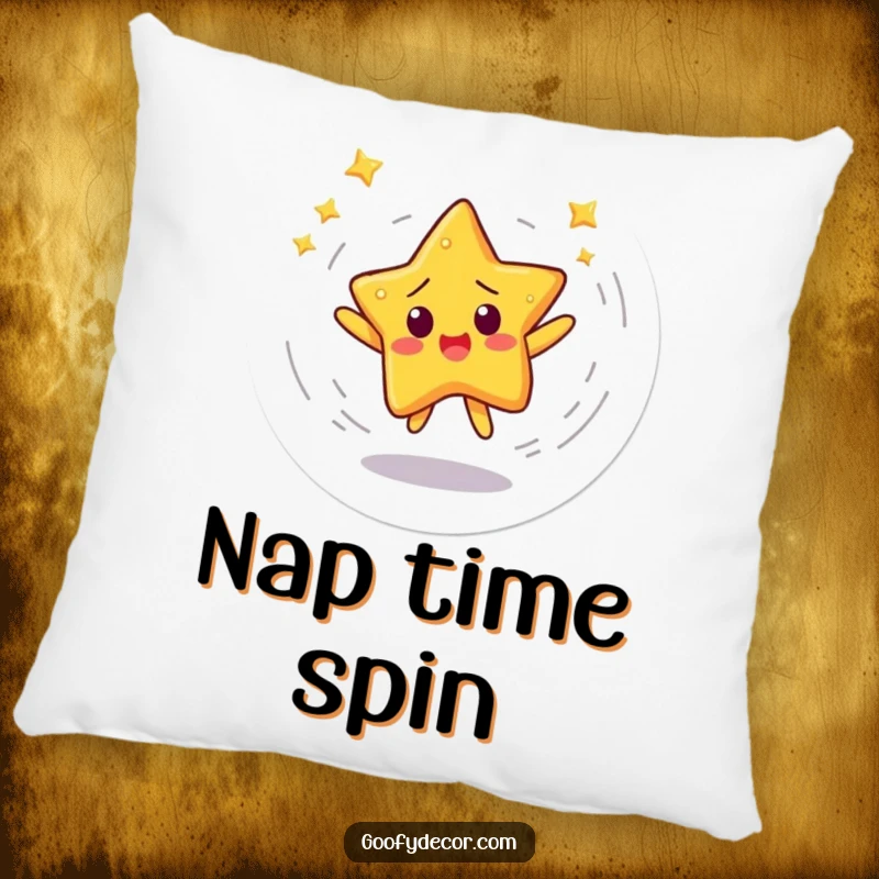 Funny pillow featuring a startled star character caught in a dizzying dance, adding comfort and cosmic fun.