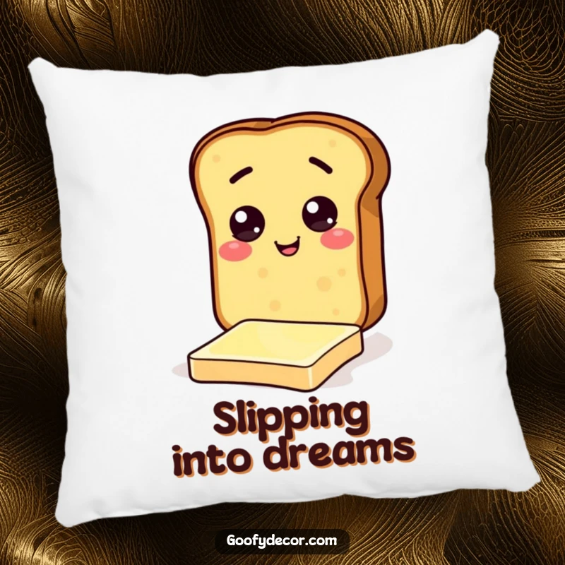 Funny pillow featuring a cheerful toast character sliding on butter, offering comfort and a humorous breakfast touch.