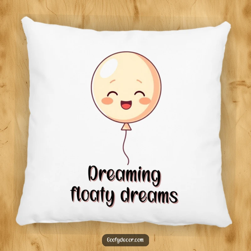 Funny pillow featuring a happy little balloon character cheerfully floating upwards, perfect for comfort and cheer.