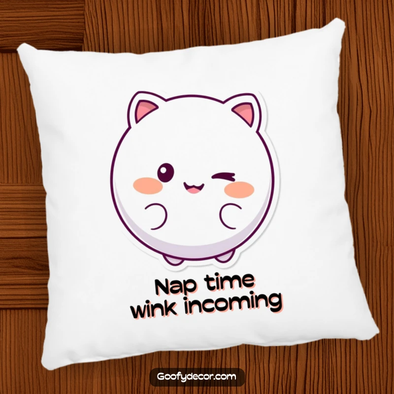 Funny pillow with a round, smiling character playfully winking, providing soft comfort and a touch of cheerful personality.