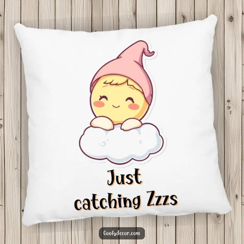 Funny pillow with a happy moon character wearing a sleep cap, peeking from behind a cloud.
