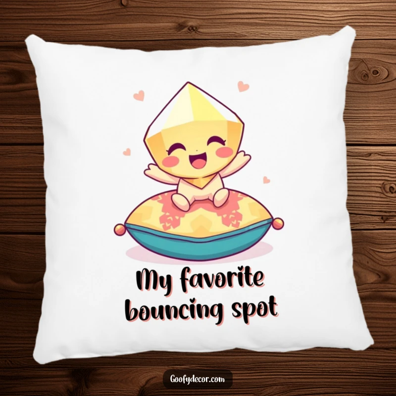 Funny giggling gem cushion bouncing playfully on a colorful cushion, offering comfort and a burst of cheerful energy.