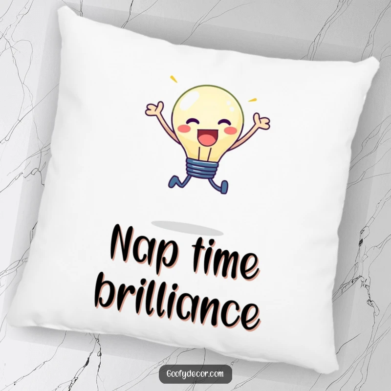 Funny kawaii lightbulb character with a shining light, captured in a joyful leap, on a soft pillow.