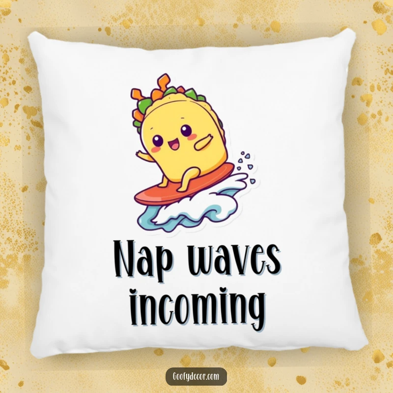 Funny kawaii taco character surfing a small wave, designed for a comfortable and humorous throw pillow.