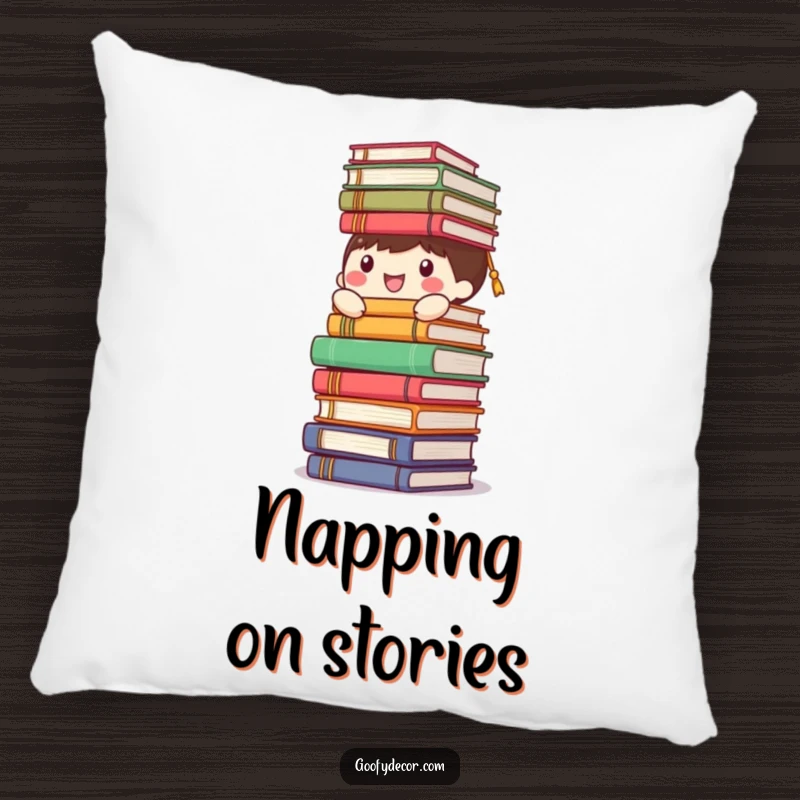 Funny happy character pillow, comically balancing a large tower of books, bringing comfort and literary humor.