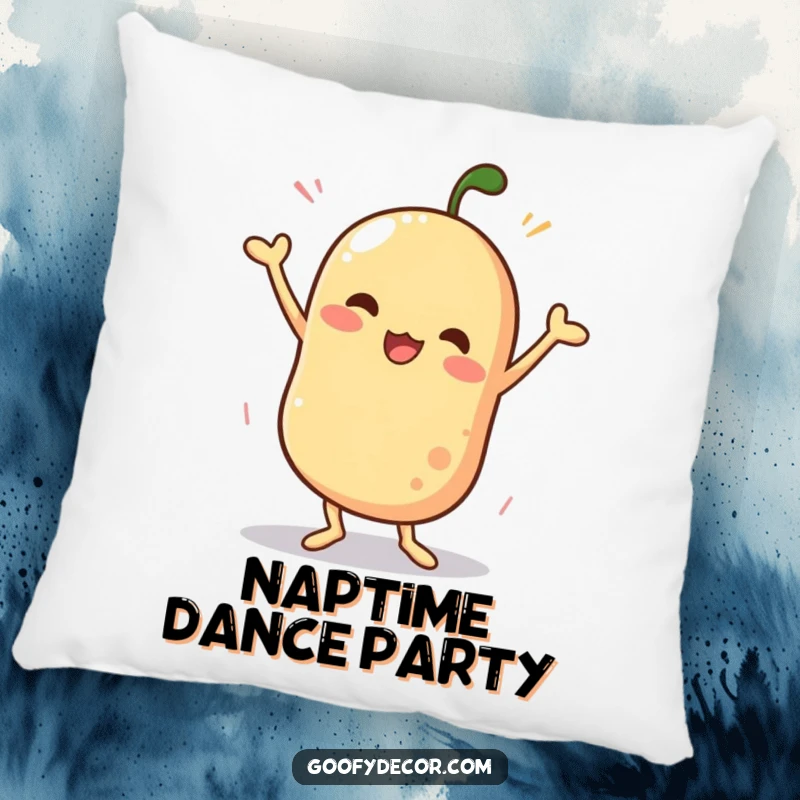 Funny pillow with a wobbly character captured mid-silly-dance, offering comfort and a visual representation of pure, unadulterated playful energy.