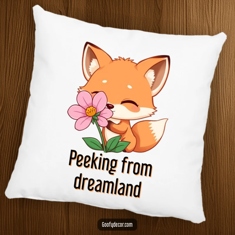 Funny winking fox peeking from behind a flower, on a soft pillow, adding a touch of playful humor to any room.