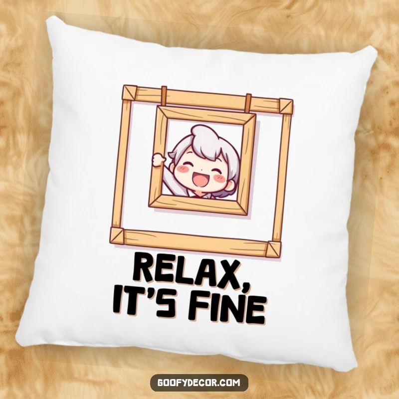 Funny Crooked Picture Pillow featuring a delighted character's attempt at hanging art, designed for comfort and amusement.