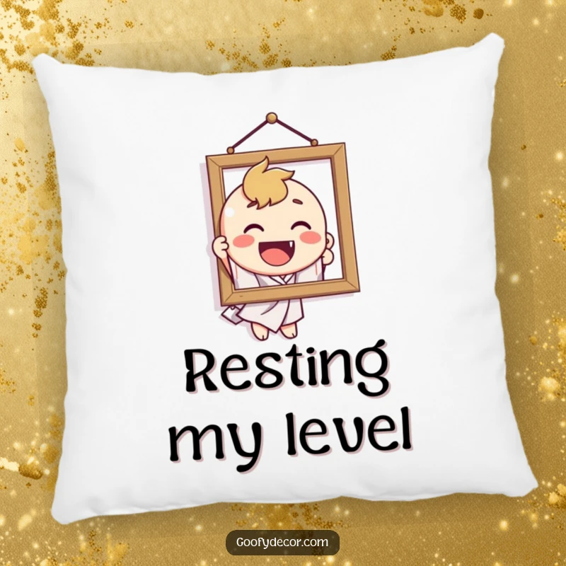 Funny pillow depicting a delighted character hilariously hanging a crooked picture, adding humor to home decor.