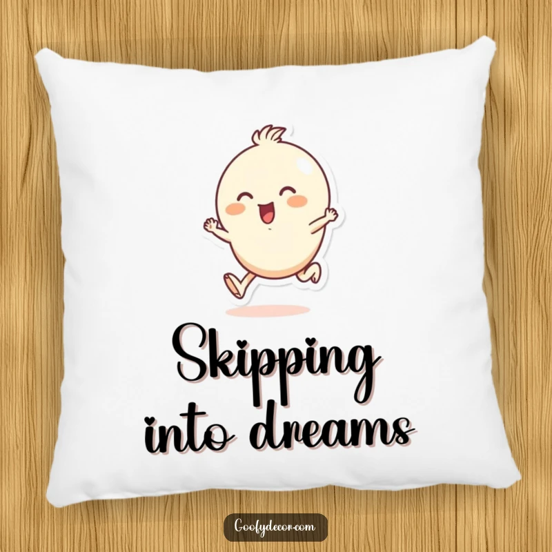 Funny pillow with a small, round character happily skipping, offering comfort and a visual reminder of infectious joy and playful energy.
