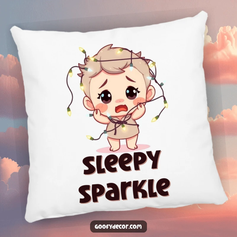 Funny pillow depicting a bewildered character hilariously tangled in fairy lights, adding cozy humor to home decor.