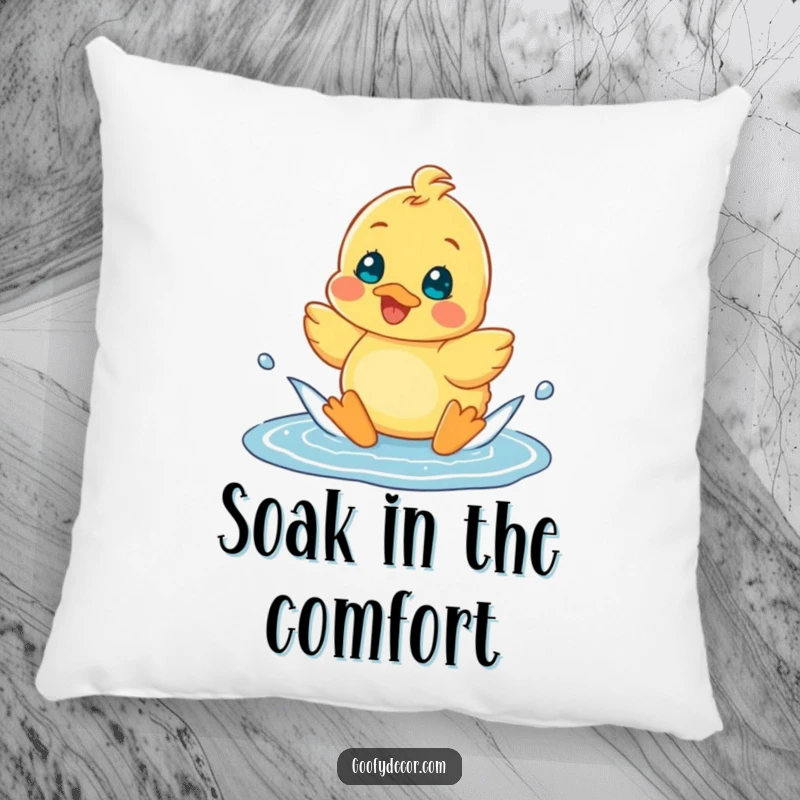 Funny cheerful duckling character splashing happily in a puddle on a soft pillow, adding joy to any room.