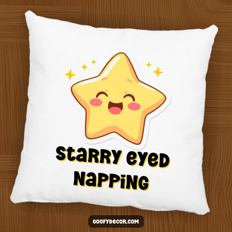 Funny pillow with a cheerful star character winking amidst twinkling rays.