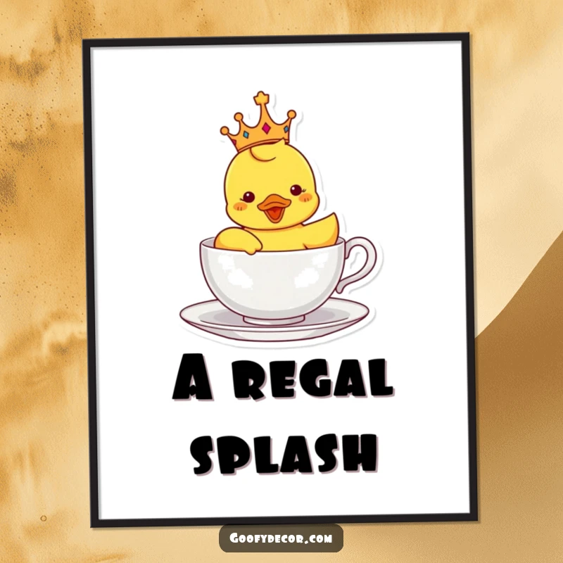 Funny digital art print of a crowned rubber ducky sailing in a teacup, bringing instant royal charm and whimsy.