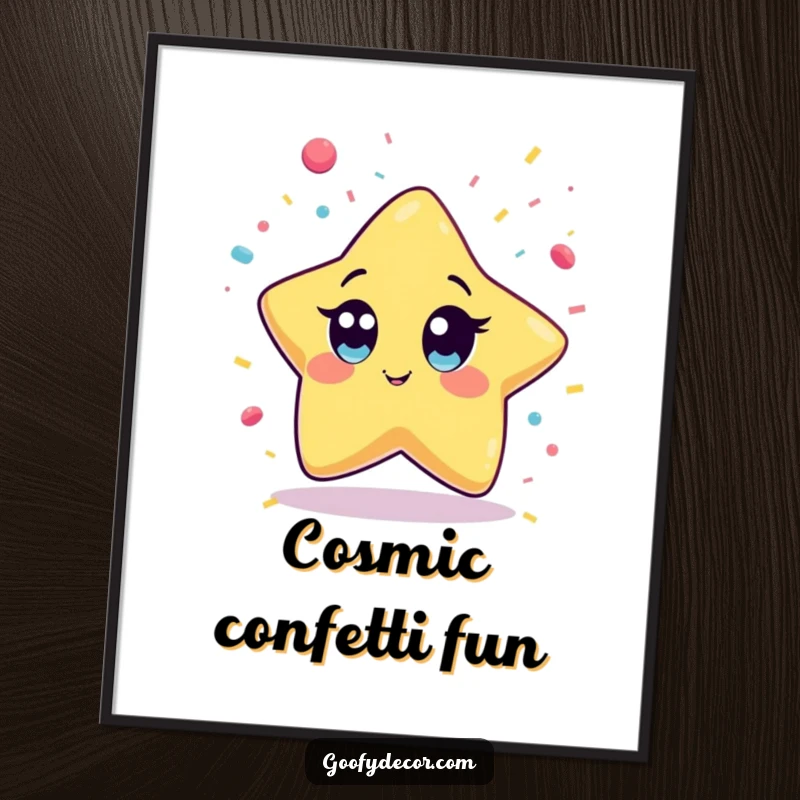 Funny Kawaii Star Digital Art Print of a wide-eyed kawaii star character playfully catching falling confetti, full of excitement and celebration.