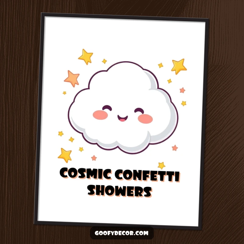 Funny digital art print of a bubbly cloud character joyfully sprinkling colorful stars, perfect for virtual decorations.