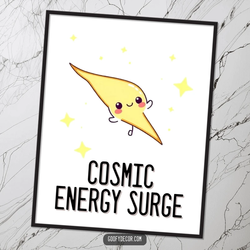 Funny lightning bolt character zipping across a starry sky, available as a digital art print for instant decor.