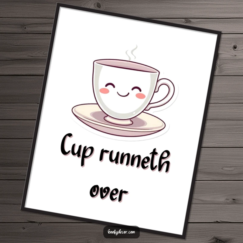 Funny Kawaii Teacup Digital Art Print of a smiling kawaii teacup character happily spinning on its saucer, bringing instant cheer and whimsy.