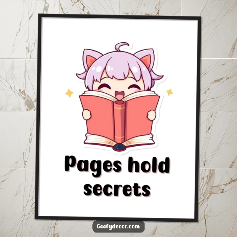Funny digital art print of a cute book character excitedly opening its pages to reveal a secret, for instant wall decor.