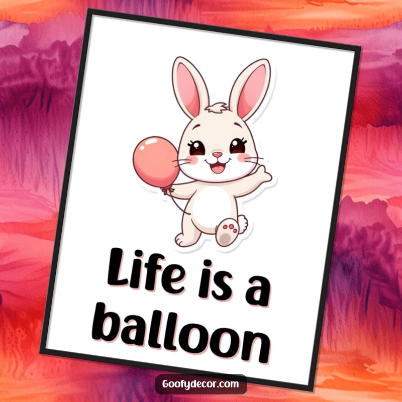 Funny Bunny Balloon Digital Art: A smiling bunny happily bounces a colorful balloon, perfect for instant wall decor and spreading cheer.