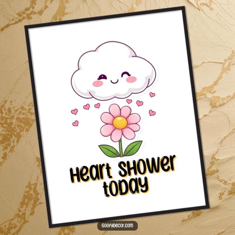 Funny digital artwork of a smiling cloud character showering a happy flower with tiny heart shapes.