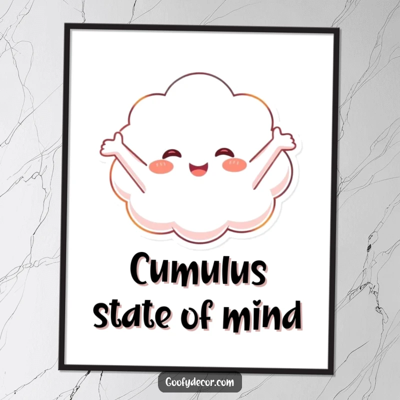 Funny digital art print of a happy cloud character floating blissfully, creating a serene and humorous atmosphere.