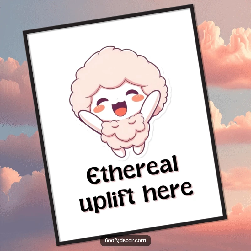 Funny digital art print of a fluffy character cheerfully floating upwards, perfect for instant download and adding infectious lightness to walls.