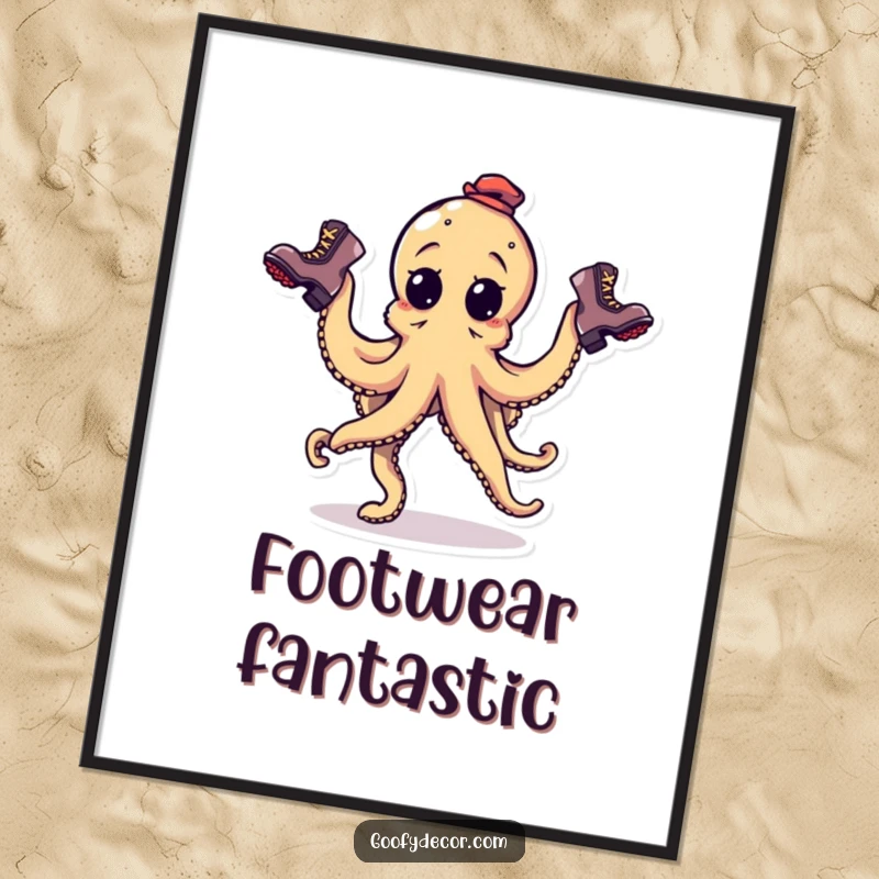 Funny goofy octopus character juggling three mismatched boots, as a digital art print for instant decor.