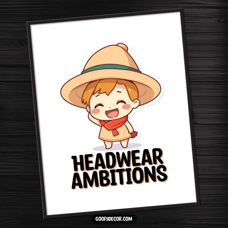 Funny grinning character digital art print, humorously wearing an oversized hat, creating a joyful and bold statement piece.